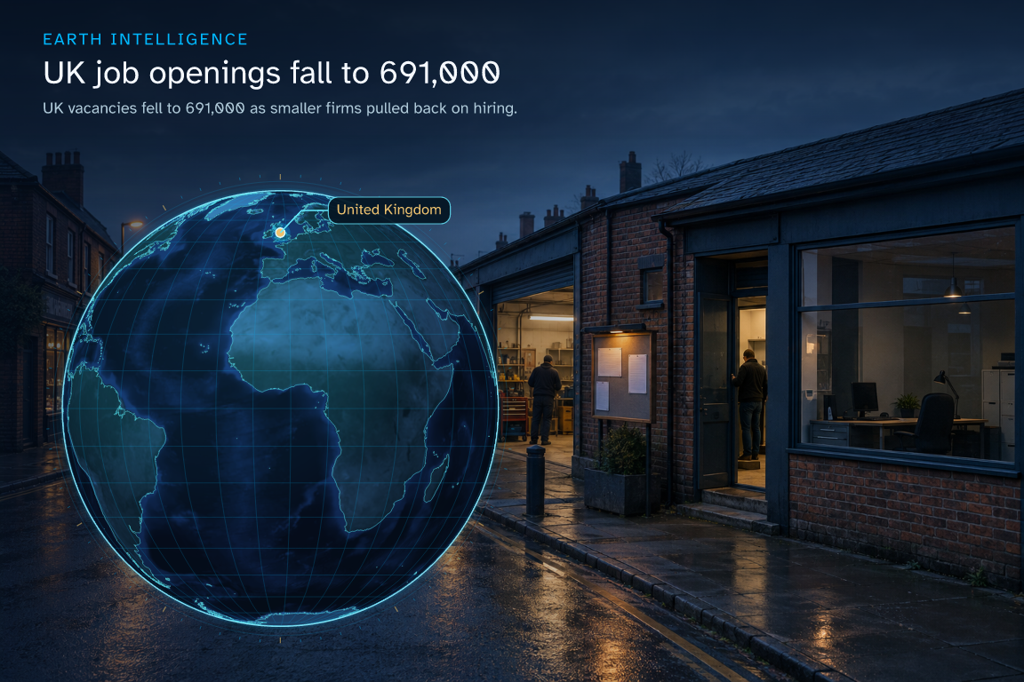 UK vacancies fell to 691,000 as smaller firms pulled back on hiring. · Geographic illustration: United Kingdom · event location · AI-generated event artwork