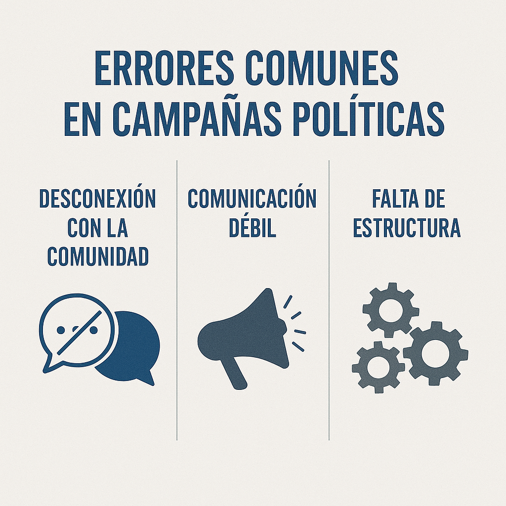 errores comunes en campañas políticas como desconexión con la comunidad, improvisación y comunicación débil