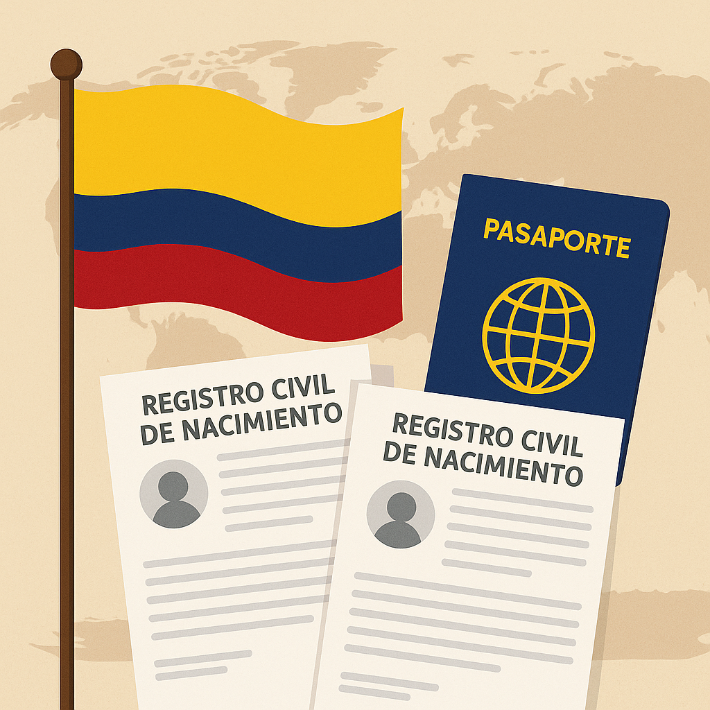 Dos documentos sobre un mapa, simbolizando la doble nacionalidad para hijos de colombianos nacidos en el exterior.