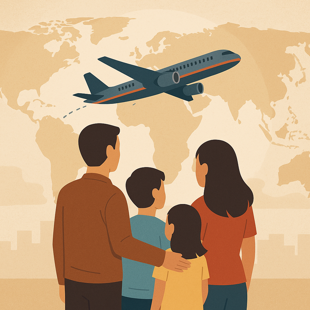 Familia migrante señalando un mapa, simbolizando planificación de futuro y nacionalidad colombiana para hijos nacidos en el exterior.