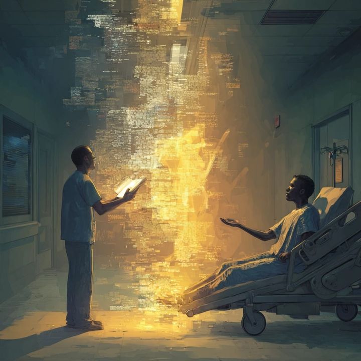 A clinician stands at the foot of a hospital bedshowing data-driven systems and human care in modern healthcare environments.