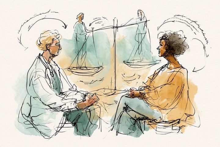 Hand-drawn sketchnote illustration of a clinician and patient at eye level, a balanced scale behind them.