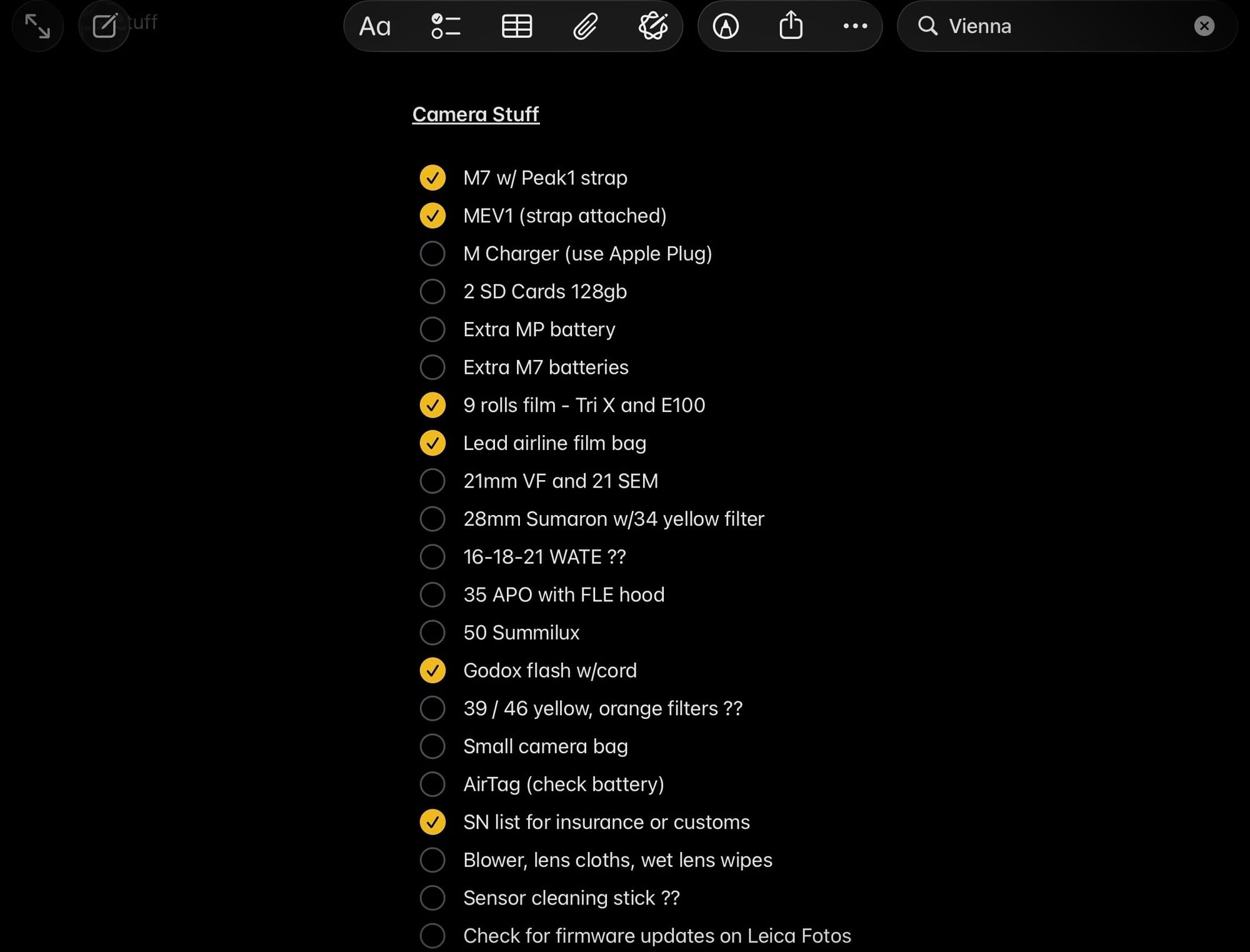 A list in Apple Notes with some items checked off