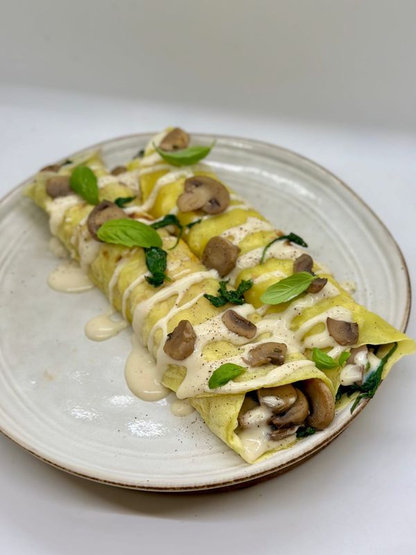 Crêpes di ceci ai funghi con besciamella