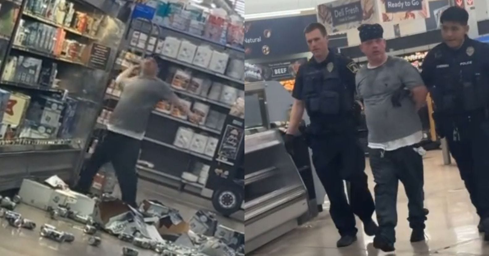 A split imagfe of Dustin Cain trashing Bud Light and being arrested.