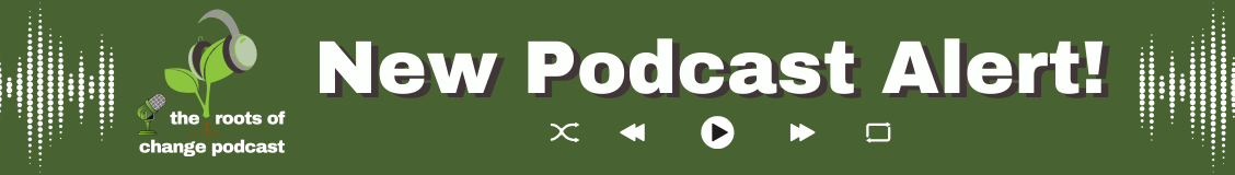 new podcast alert! a green seedling sits in front of a microphone with headphones on