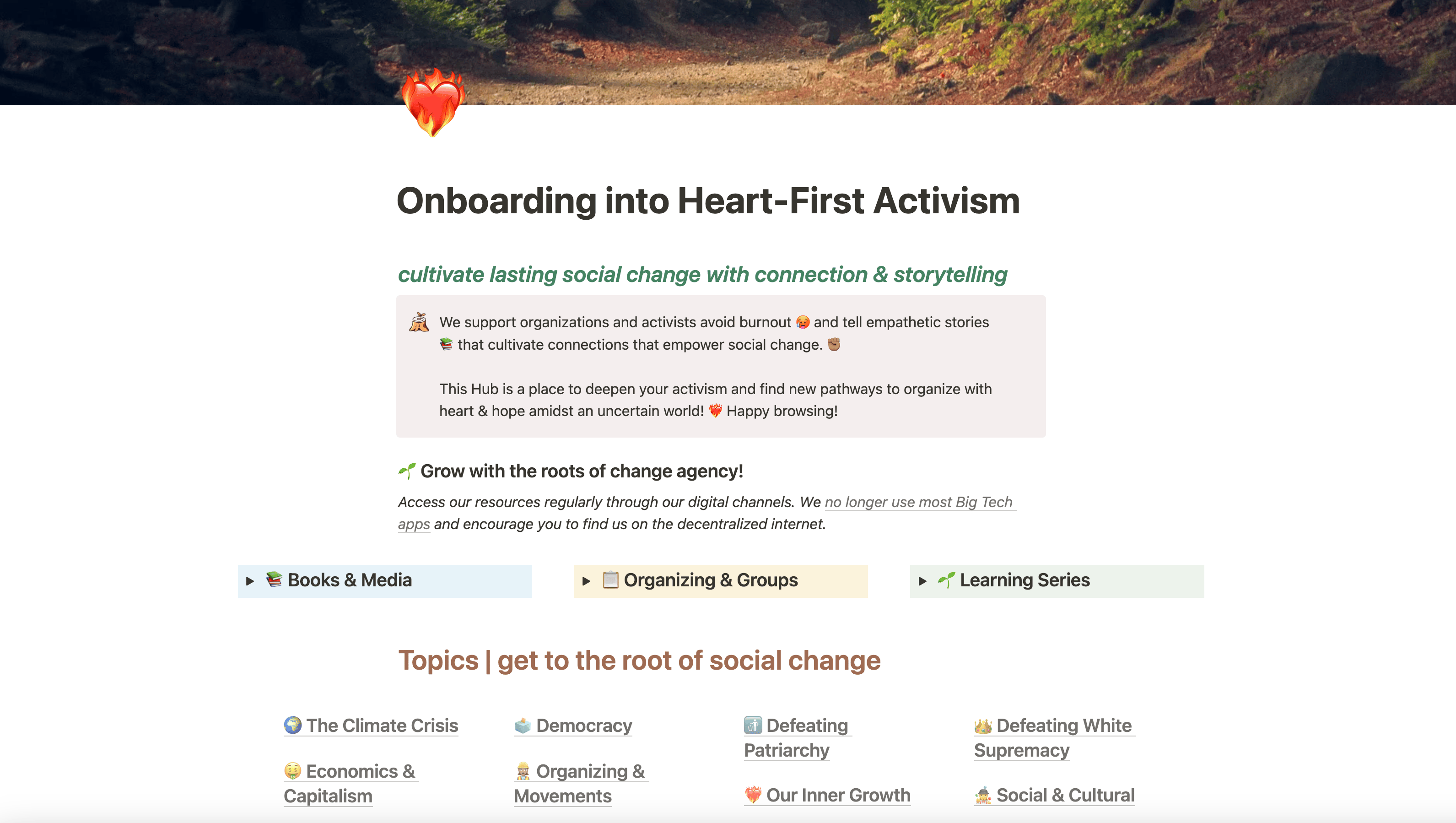 onboarding for heart-first activism. screenshot of online hub with books, media, organizing groups, an learning series