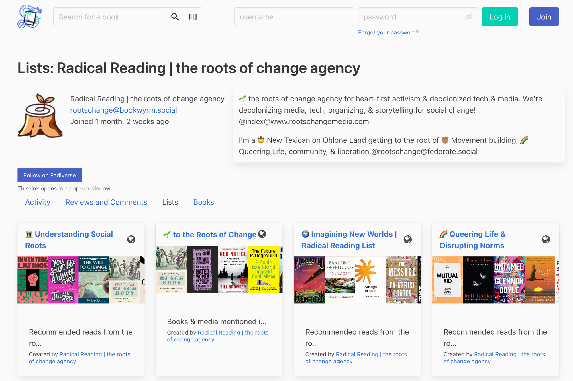 screenshot of Bookwyrm profile and book lists