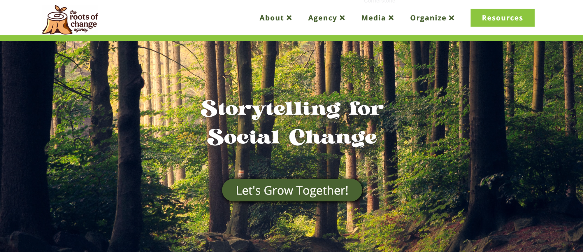 Homepage image with a white header and a picture of trees in a foreset overlaid with "Storytelling for Social Change" in white text and a "Let's Grow Together!" button