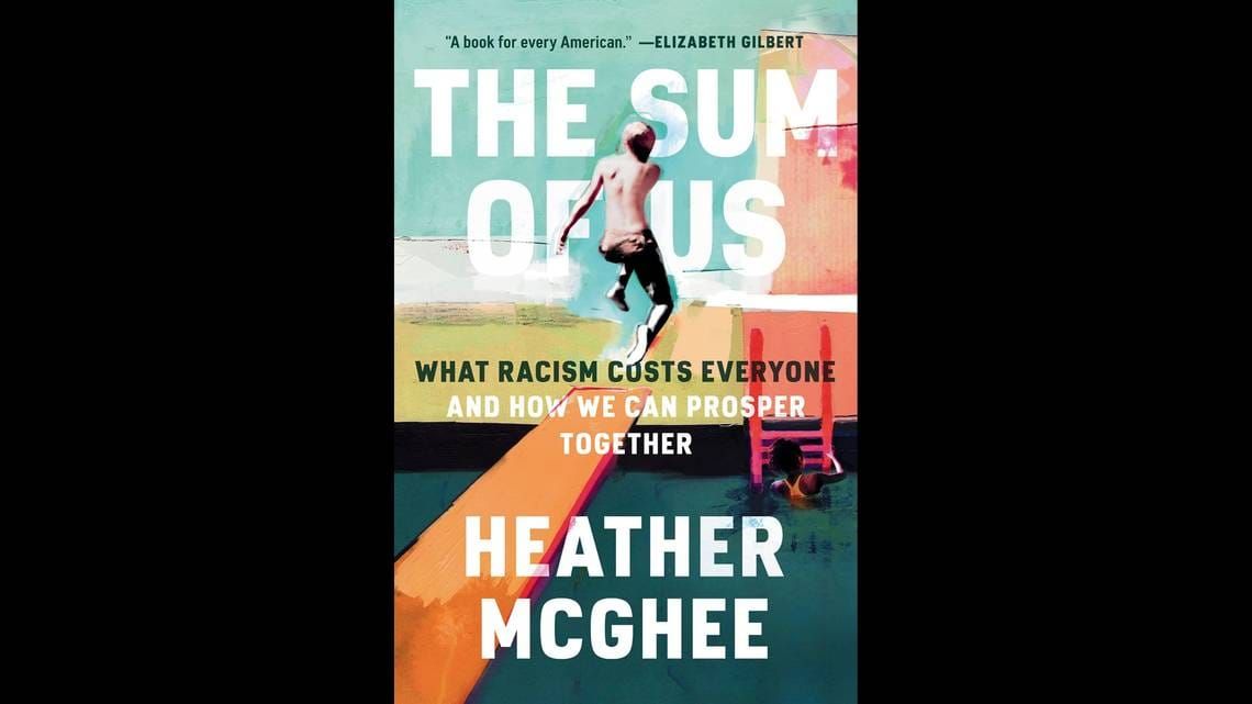 The Sum of Us book cover by Heather McGhee. An illustration of a boy jumping into a public pool