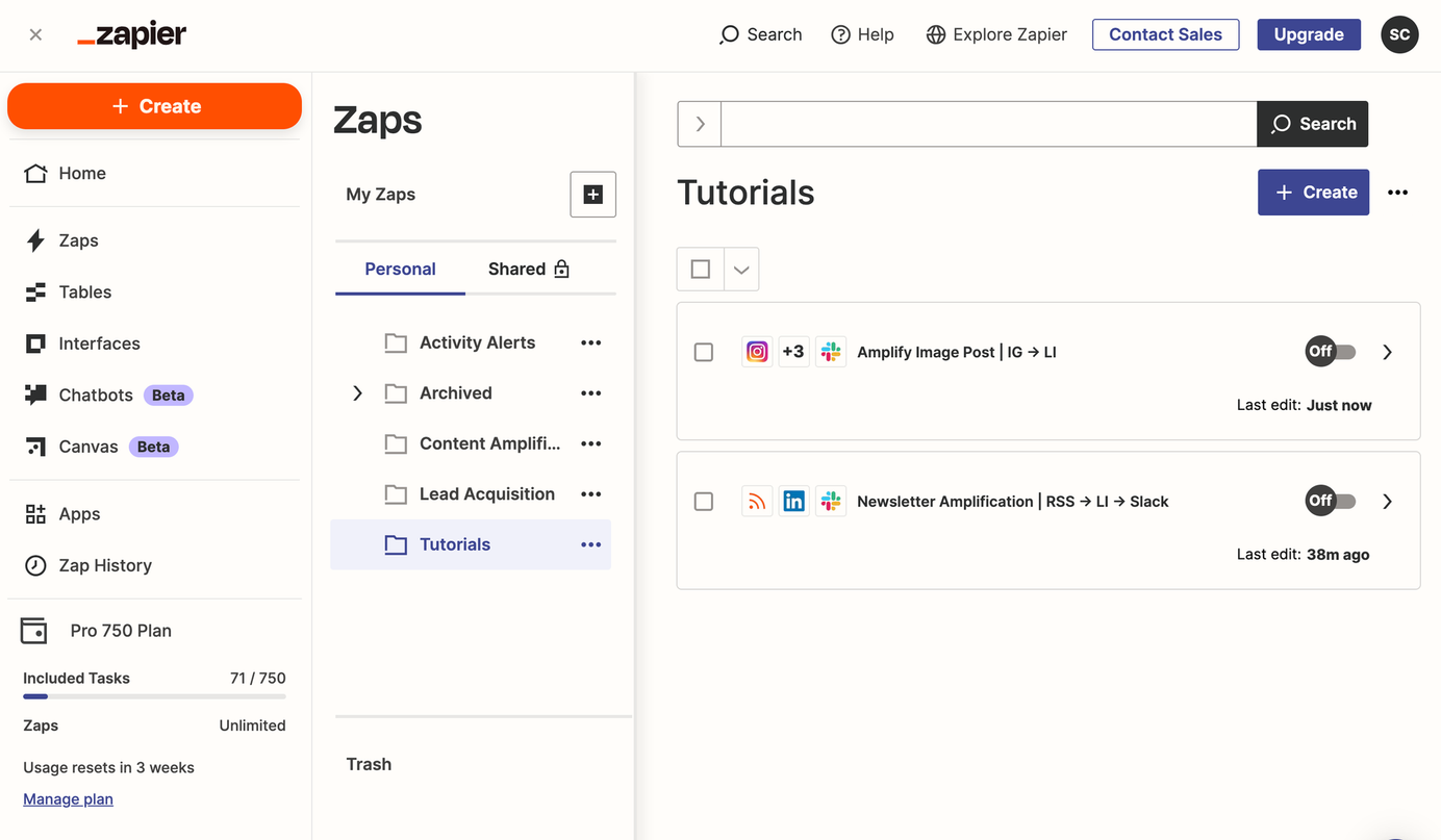 interface of Zapier, an automations platform