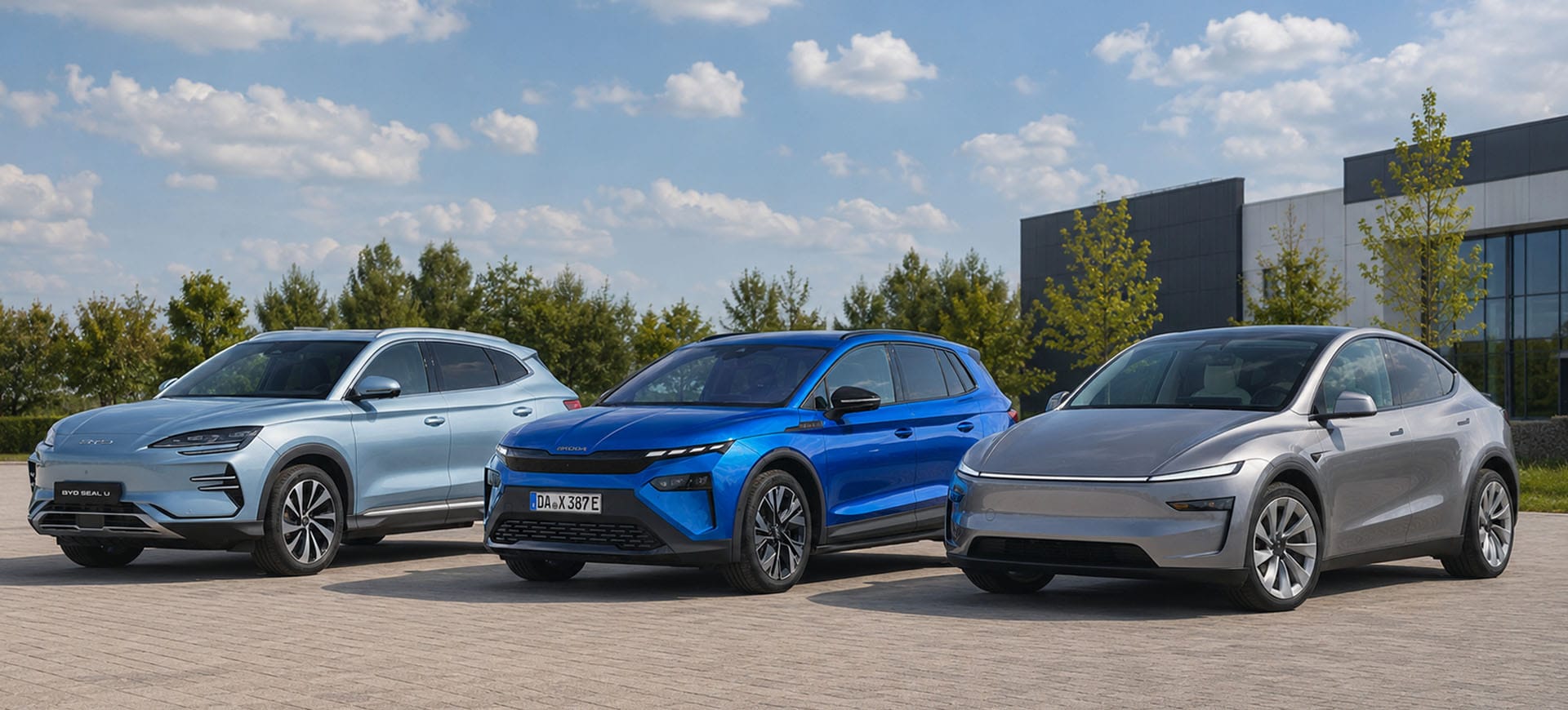 Zakelijke leaseauto's van Škoda en Chinese merken op een bedrijventerrein