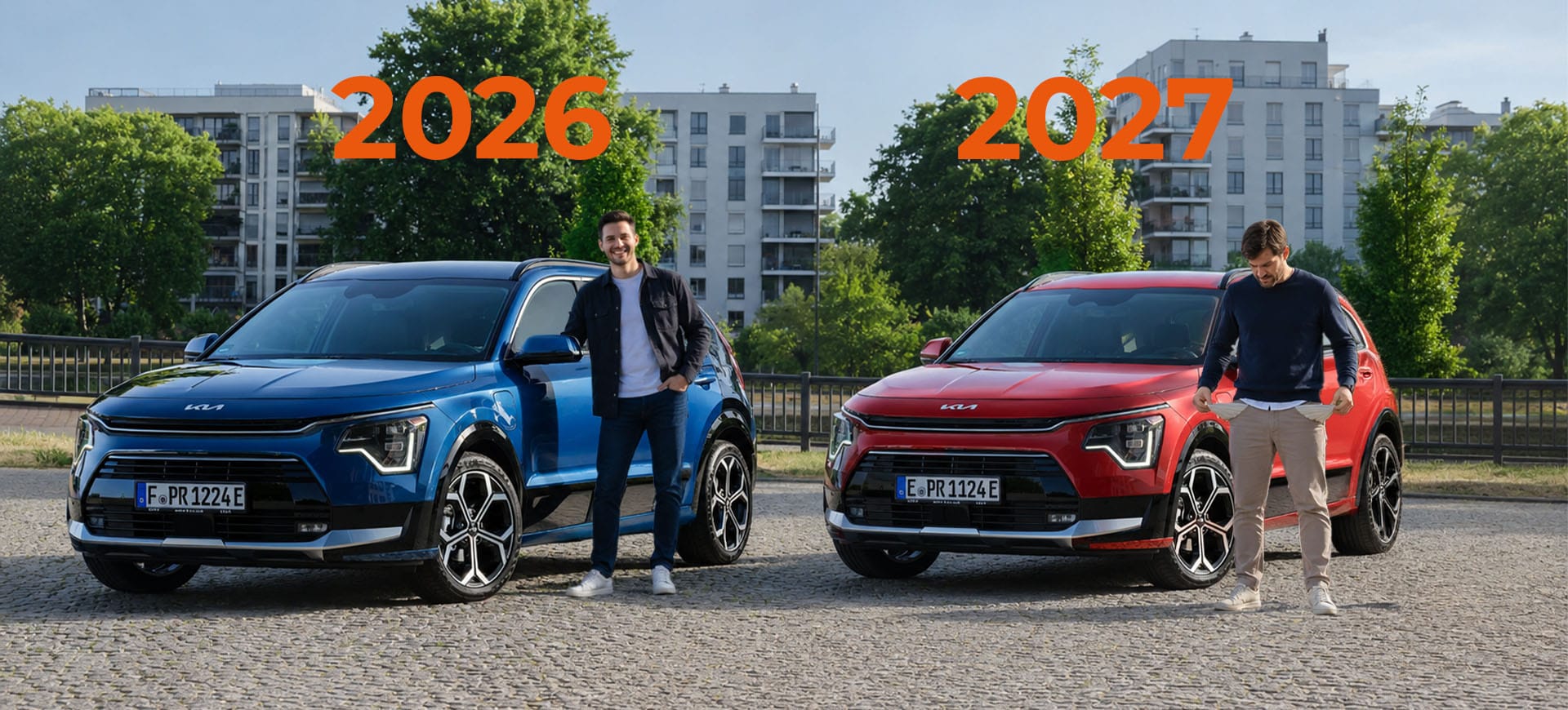 Kostenvergelijking wagenpark 2026 versus 2027 door de pseudo-eindheffing, ondernemer met lege zakken bij zijn auto