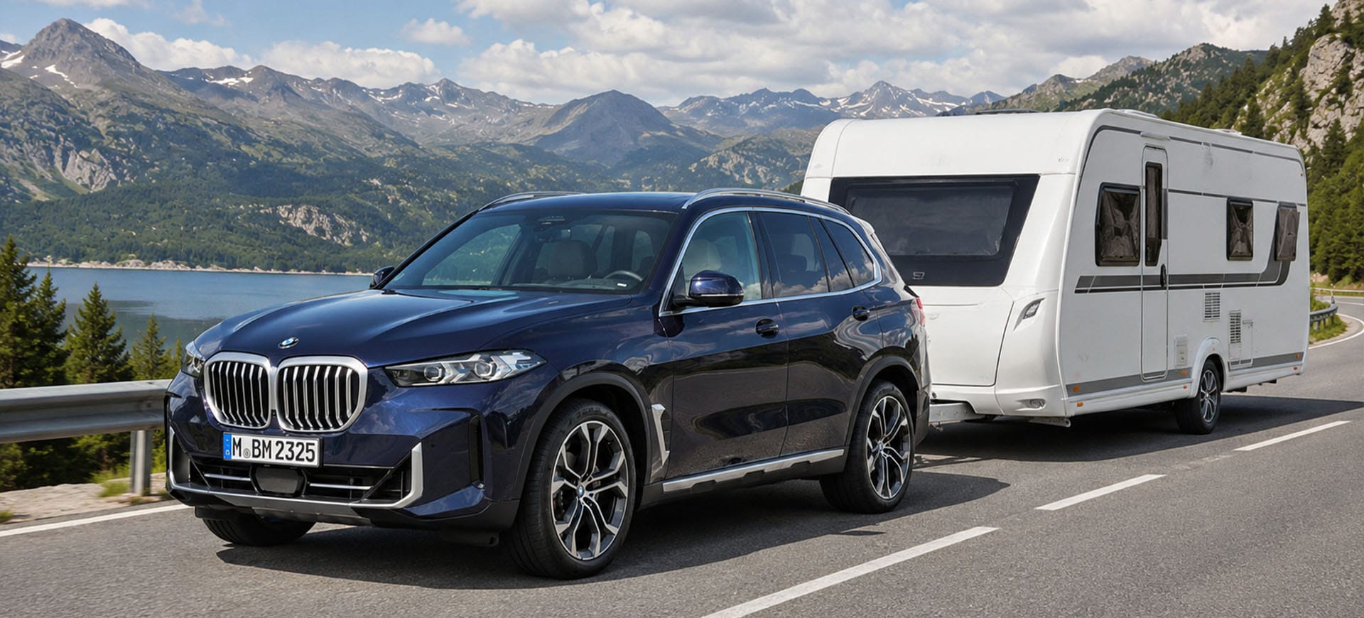 BMW X5 SUV met luchtvering trekt zware caravan