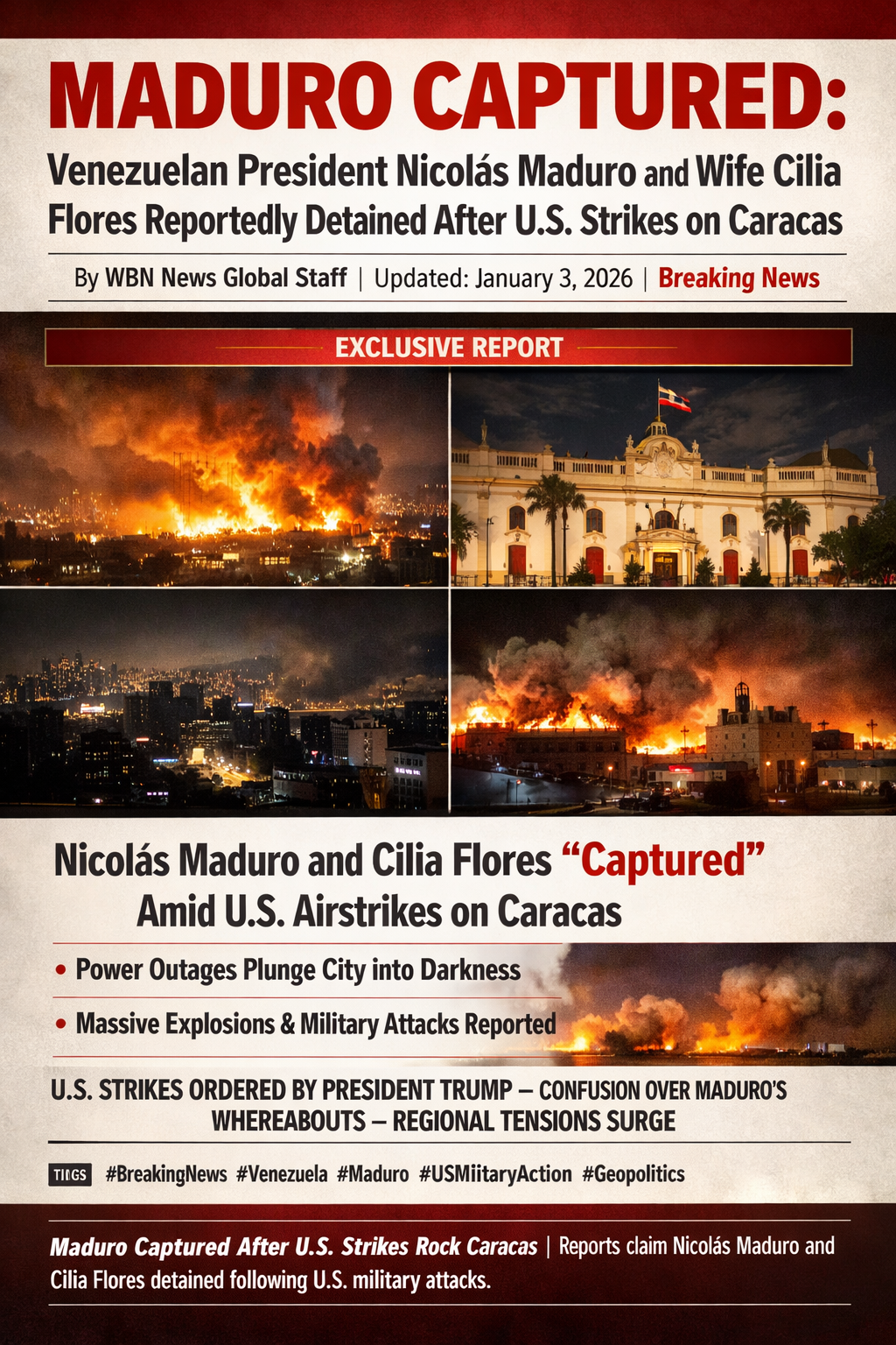 🔴 MADURO CAPTURED: Venezuelan President Nicolás Maduro and Wife Cilia Flores Reportedly Detained After U.S. Strikes on Caracas
