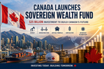 Canada announces $25B sovereign wealth fund with Vancouver skyline, port, LNG facility, and growth chart showing investment in energy, infrastructure, minerals, agriculture, and tech.