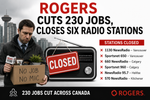 Graphic showing Rogers cutting 230 jobs and closing six Canadian radio stations with a laid-off radio reporter.