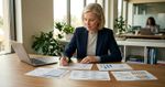 Executive at a wooden desk methodically reviewing printed materials and notes, illustrating multi-dimensional AI readiness assessment