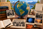Antique globe with images of emancipation, the Little Rock Nine, Mexican independence and Neptune