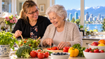 Senior and caregiver prepare a healthy meal together at home