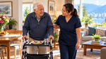 Older adult and caregiver share everyday activities together at home.