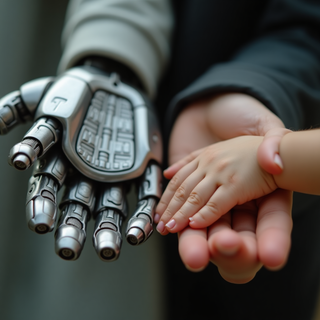 The mechanical interaction of AI contrasted with the warmth of human connection.