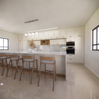 well designed kitchen with bright colors and wood accent with wooden chairs and calm lightin