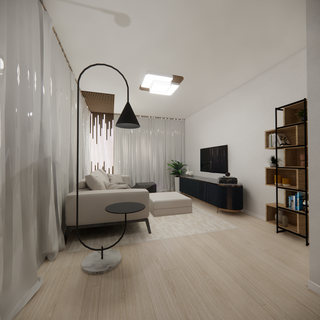 Different types of light in a living room, wooden floor, large sofa with an ottoman