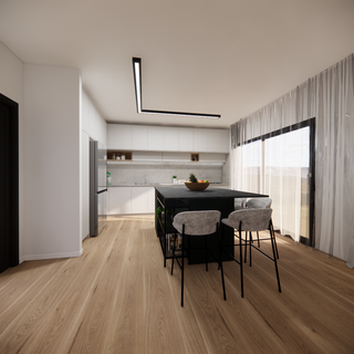 Light grey kitchen cabinets with dark blue kitchen island with sitting area and wooden floor