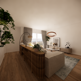 Stylish living room with a beige sectional, wooden console, modern lighting, and large windows with mountain views.