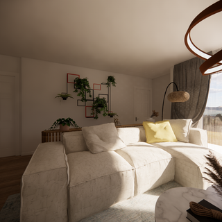 Cozy living room with a large beige sofa, indoor plants, modern lighting, and a mountain view through sheer curtains.