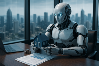 AI Robot holding a model home and analyzing real estate statistics