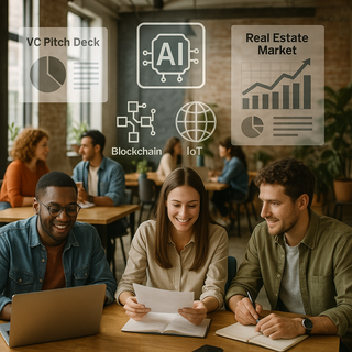 Young tech entrepreneurs in a modern BC startup hub collaborating on PropTech solutions, with overlaid visuals of real estate data, AI, blockchain, and IoT icons.