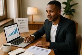 Entrepreneur reviewing income and expenses in a home office setting, preparing a strategic business plan to replace their 9–5 paycheck.