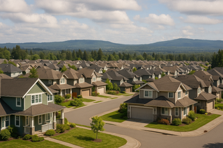 Suburban Langley neighborhood with rows of modern homes, tree-lined streets, and forested hills in the background.