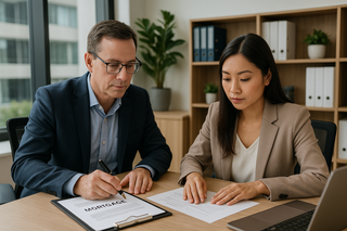 Mortgage advisor and client reviewing documents in modern office.