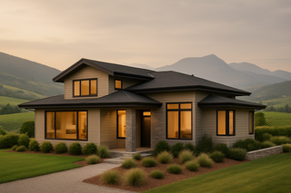 Modern home in British Columbia with vineyard and mountain backdrop, illustrating real estate investment potential in a buyer’s market.