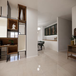 Modern interior with open shelving, glossy floors, and a sleek dining area.