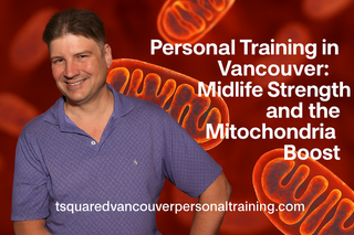Troy Tyrell in front of mitochondria background promoting midlife strength training in Vancouver