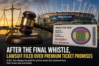 Judge's gavel, BC Place, and a premium World Cup ticket representing a B.C. lawsuit over ticket sales.