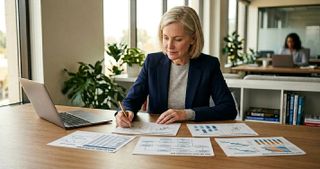 Executive at a wooden desk methodically reviewing printed materials and notes, illustrating multi-dimensional AI readiness assessment
