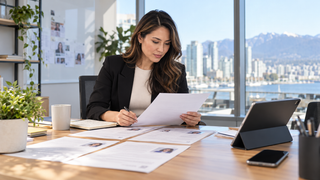 Recruiter reviews past job applications on a computer to identify promising candidates for new positions.