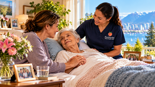 Older adult rests comfortably while a loved one offers gentle companionship.