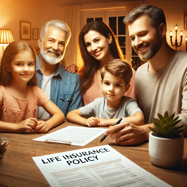 Family discussing insurance options at home.