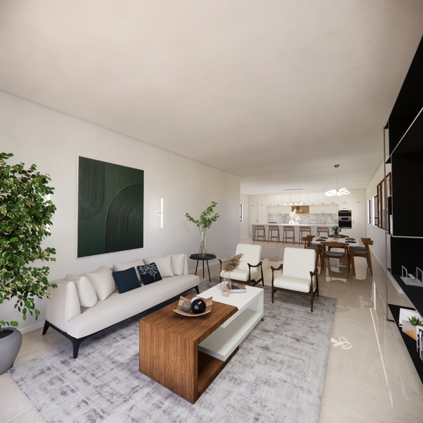 Open space concept with bright living room, dining table and big bright kitch