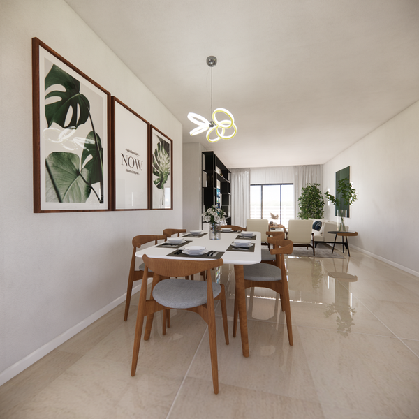 wooden dining table with green photos on the wall, open space concept with the living room