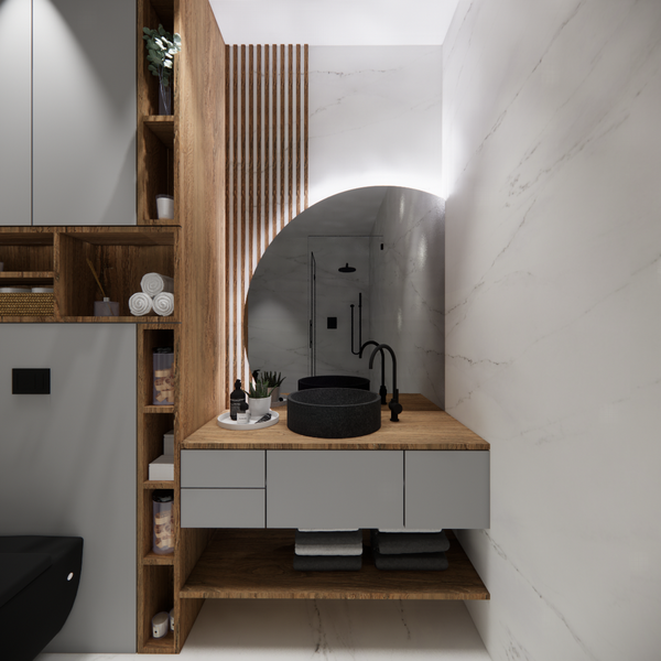 Stylish designed bathroom with dark colors that make the space feel like a luxury spa