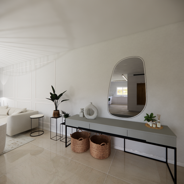 Designed entry console with decor and a large mirror