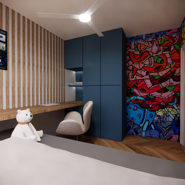 Small bedroom with graffiti wall, a custom closet with a floating desk with wooden wall panels
