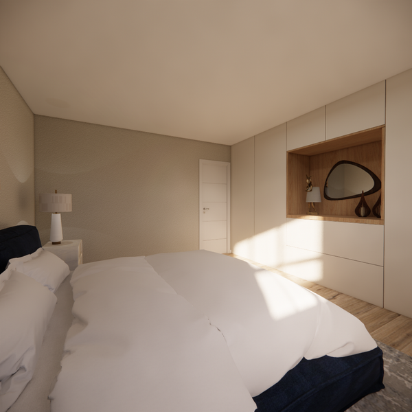 Bedroom with king size bed, white sheets and a custom built in close